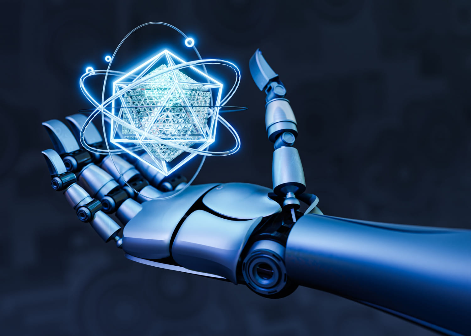 Futuristic robotic hand with light radiating from its palm, representing AI innovation